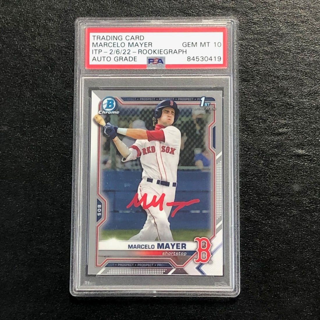 2021 Bowman Chrome Marcelo Mayer Signed Card PSA 10 Auto: 2021 Bowman Chrome Marcelo Mayer Signed Card PSA 10 Auto This is a 2021 Bowman Chrome 1st #BDC-174 baseball card signed by Marcelo Mayer. The autograph has been authenticated and graded a perfect 10 b