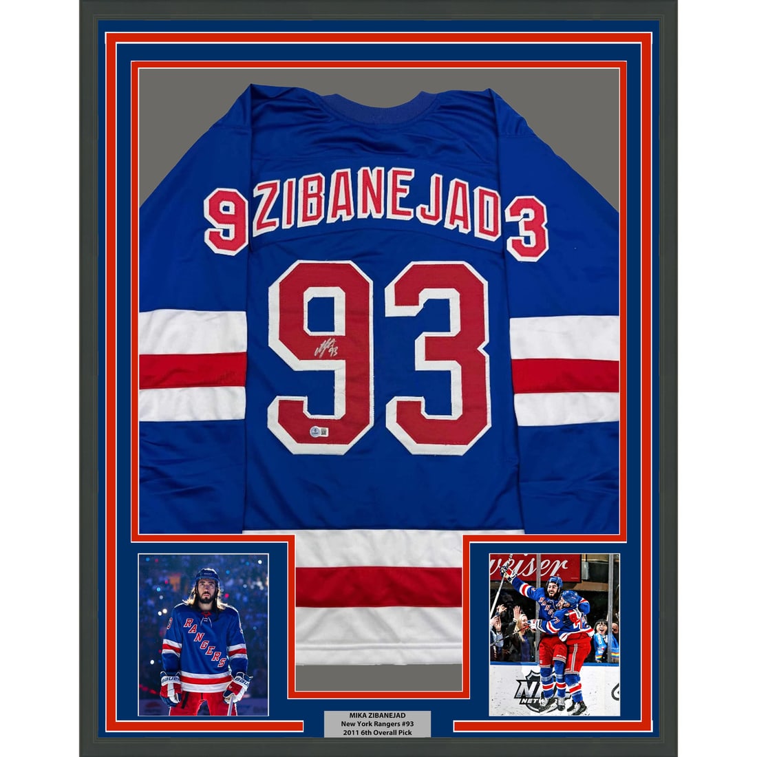 Framed Mika Zibanejad Autographed Jersey New York Rangers Beckett COA 35x39: Framed Mika Zibanejad Autographed Jersey New York Rangers Beckett COA 35x39 This framed, autographed New York Rangers jersey features the signature of star athlete Mika Zibanejad, authenticated by Bec