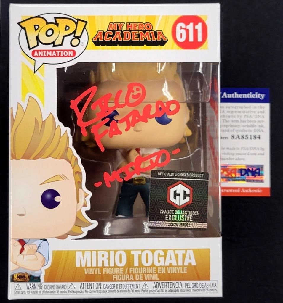 Ricco Fajardo Signed Mirio Togata Funko Pop! My Hero Academia PSA COA: Ricco Fajardo Signed Mirio Togata Funko Pop! My Hero Academia PSA COA This is a signed Funko Pop! figure of Mirio Togata from the popular anime series My Hero Academia, featuring the autograph of voic