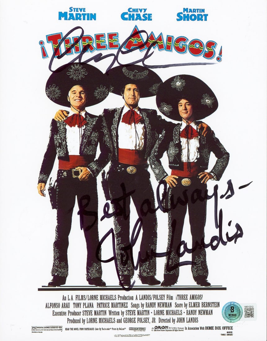 Chevy Chase John Landis Three Amigos Signed 8x10 Photo BAS Authenticated: Chevy Chase John Landis Three Amigos Signed 8x10 Photo BAS Authenticated This authentic signed 8x10 photograph features Chevy Chase and John Landis, both renowned for their roles in the classic film "
