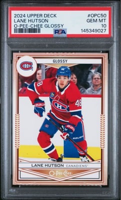 PSA 10 Lane Hutson O Pee Chee Glossy Rookie Hockey Card OPC50: PSA 10 Lane Hutson O Pee Chee Glossy Rookie Hockey Card OPC50 This is a 2024 Upper Deck Lane Hutson #OPC50 O-Pee-Chee Glossy Rookie hockey card, professionally graded PSA 10 by the Professional Sports