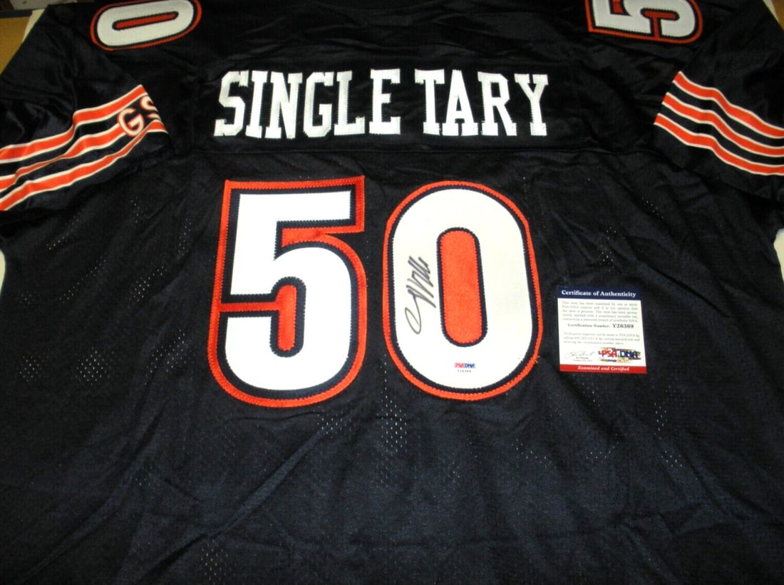 Reebok Chicago Bears Jersey Signed by Mike Singletary with PSA DNA COA: Reebok Chicago Bears Jersey Signed by Mike Singletary with PSA DNA COA This is an official licensed Reebok Chicago Bears jersey signed by Mike Singletary. The jersey is authenticated by PSA/DNA and co