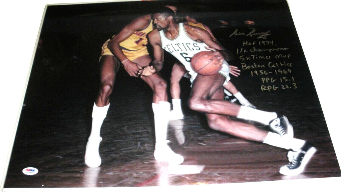 Bill Russell Signed 16x20 Boston Celtics Photo PSA DNA Authenticated: Bill Russell Signed 16x20 Boston Celtics Photo PSA DNA Authenticated This is a signed 16x20 photo featuring Bill Russell of the Boston Celtics. The photograph is an original and comes with PSA/DNA cer