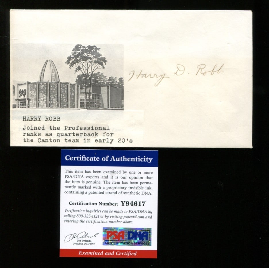 Harry Robb Autographed FDC Canton Bulldogs PSA/DNA Authentic Rare: Harry Robb Autographed FDC Canton Bulldogs PSA/DNA Authentic Rare This is a rare autographed First Day Cover (FDC) featuring the signature of Harry Robb. The item is authenticated by Professional Spor