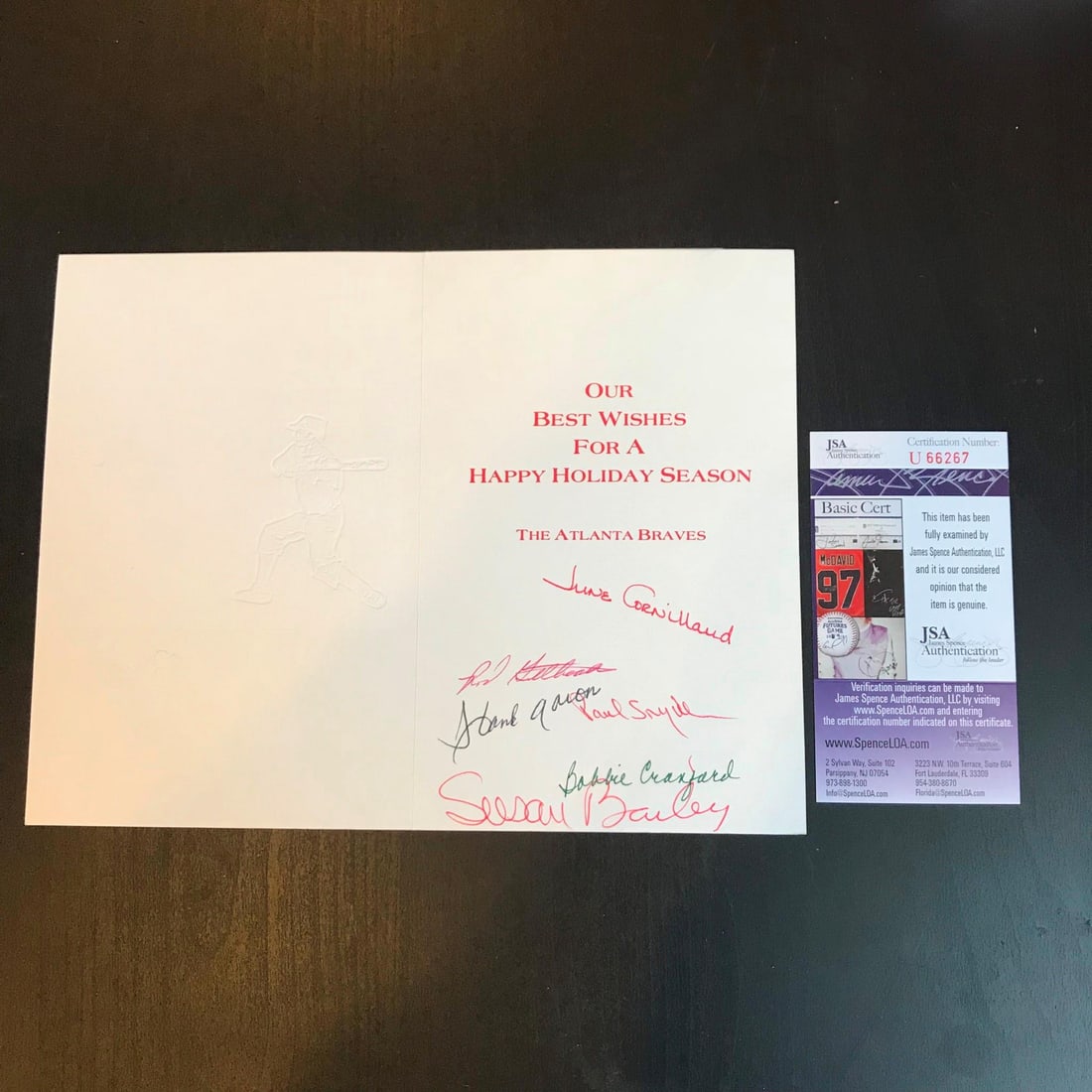 Hank Aaron 1970s Atlanta Braves Multi Signed Holiday Card JSA Authenticated: Hank Aaron 1970s Atlanta Braves Multi Signed Holiday Card JSA Authenticated This is a rare 1970's Atlanta Braves holiday card signed by Hank Aaron and multiple team members, complete with a James Spen