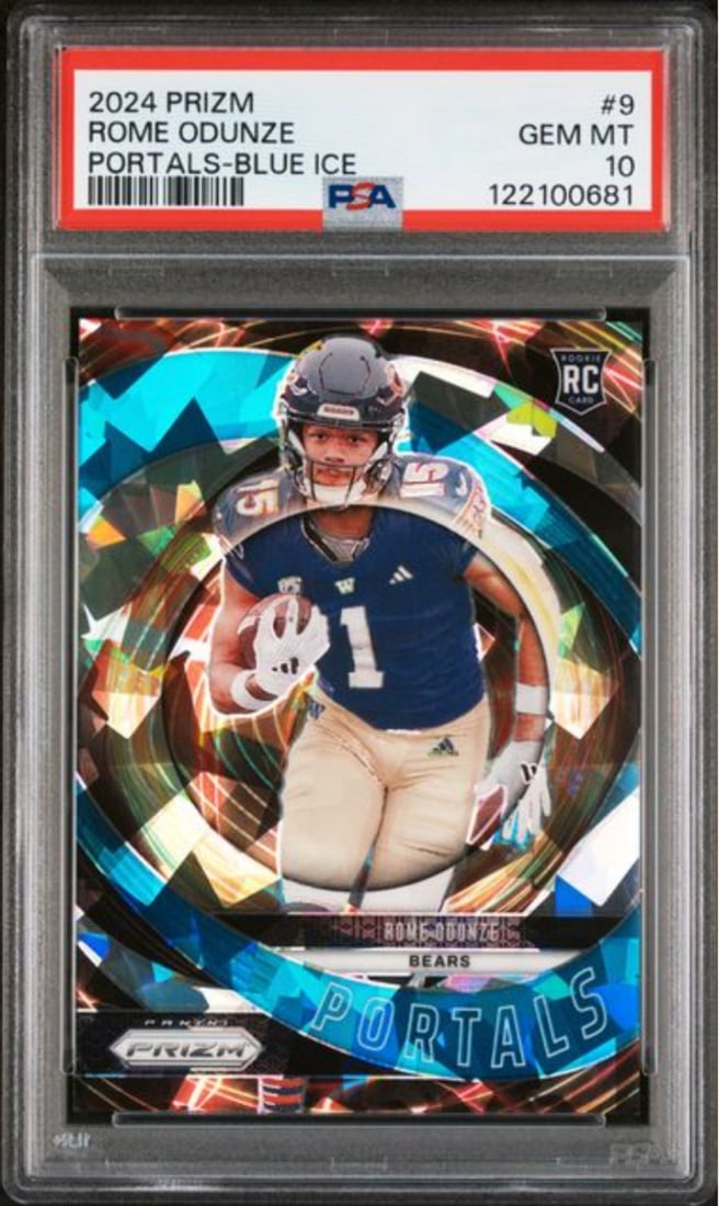 PSA 10 Panini Prizm 2024 Rome Odunze Blue Ice Rookie Card Serial Numbered to 99: PSA 10 Panini Prizm 2024 Rome Odunze Blue Ice Rookie Card Serial Numbered to 99 This is an original 2024 Panini Prizm Rome Odunze #9 Portals Blue Ice Rookie Card, serial numbered out of 99. The card h