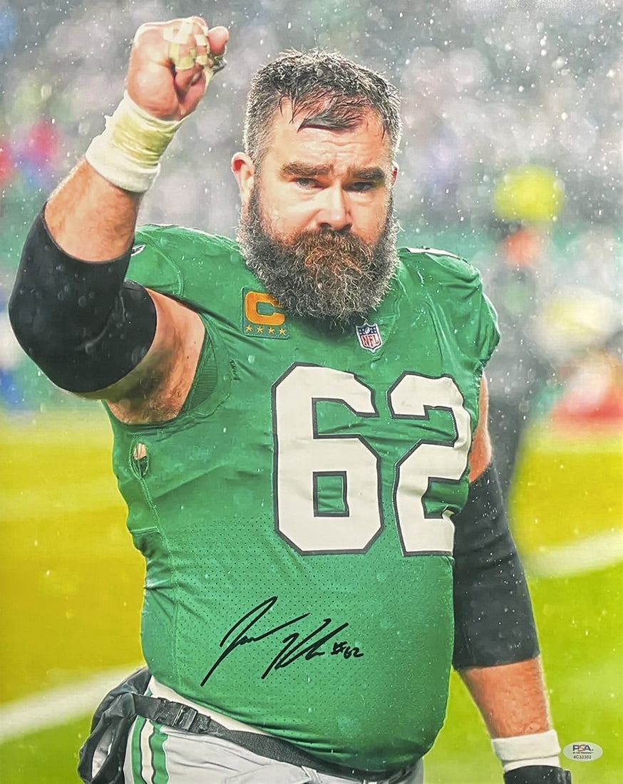 Jason Kelce Autographed 16x20 Philadelphia Eagles Photo PSA DNA Witness Authenticated: Jason Kelce Autographed 16x20 Philadelphia Eagles Photo PSA DNA Witness Authenticated This 16x20 photo features Jason Kelce of the Philadelphia Eagles and is hand-signed. The autograph has been authen
