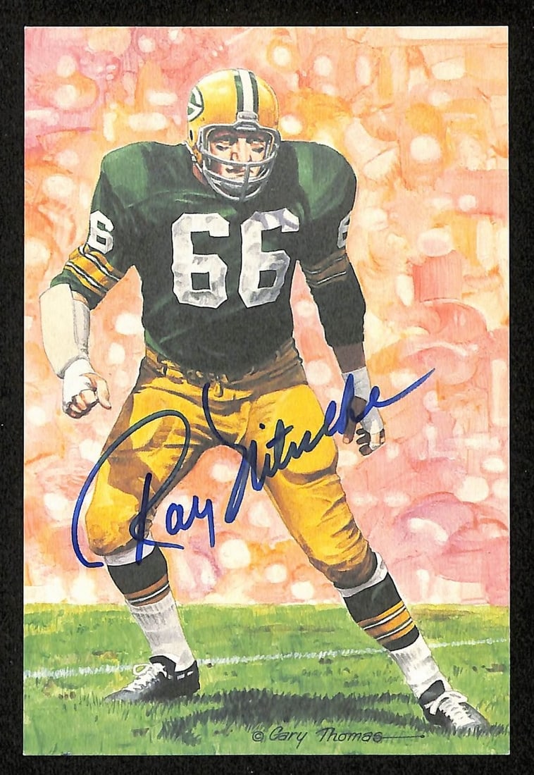 Ray Nitschke Autographed 1990 GLAC Postcard Packers PSA/DNA 200373: Ray Nitschke Autographed 1990 GLAC Postcard Packers PSA/DNA 200373 Celebrate the legacy of football with this original Ray Nitschke Signed 1990 GLAC/Goal Line Art Postcard. Limited to only 5000 pieces