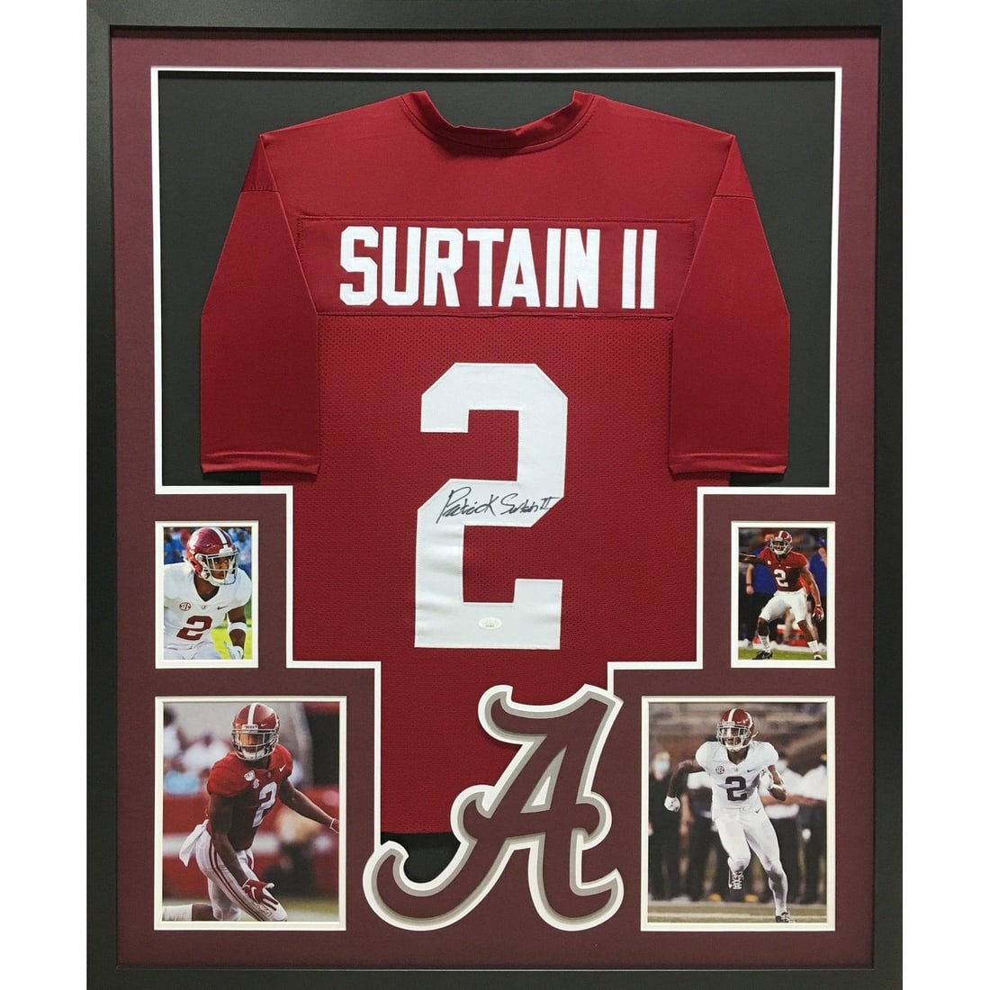 Framed Alabama Jersey Signed by Patrick Surtain with JSA Authentication: Framed Alabama Jersey Signed by Patrick Surtain with JSA Authentication This is a framed jersey autographed by Patrick Surtain, featuring Alabama team details. The autograph is authenticated by JSA an