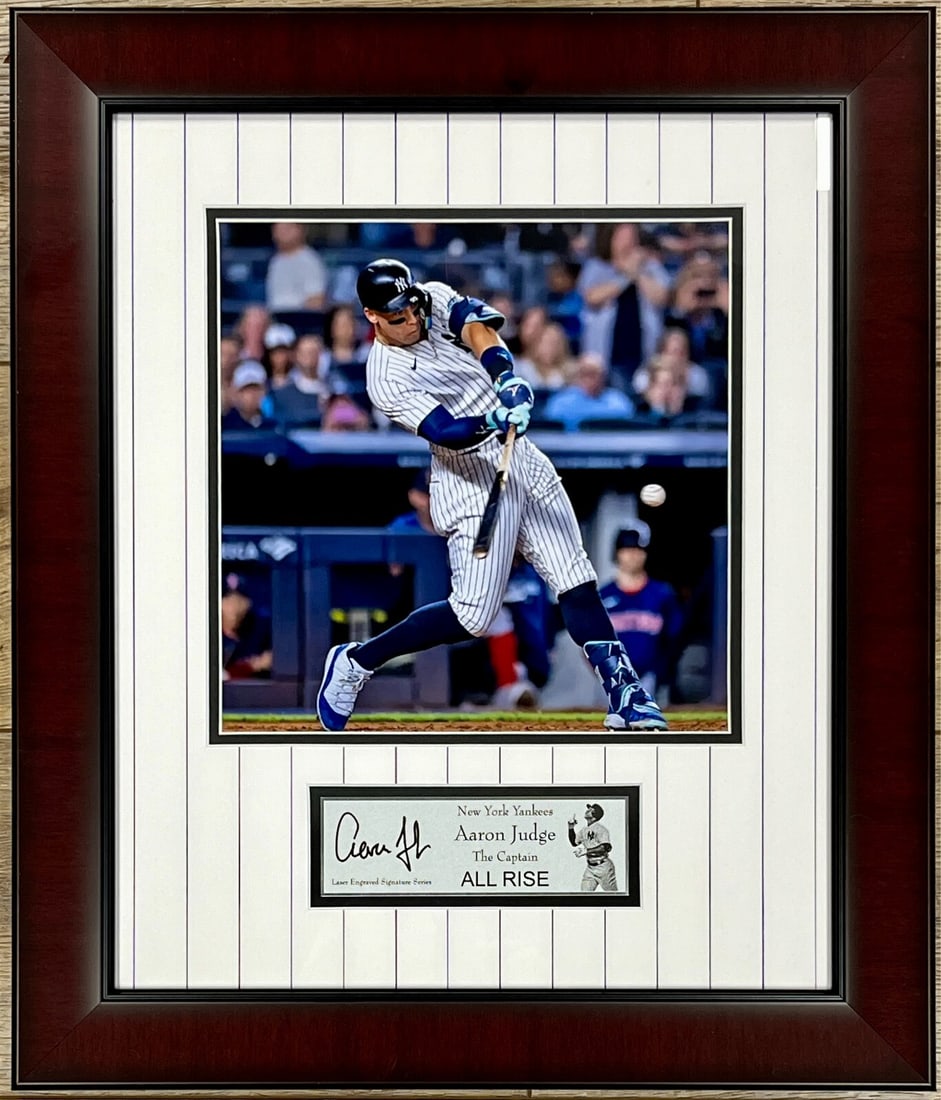 Aaron Judge New York Yankees Framed Display with Laser Engraved Signature: Aaron Judge New York Yankees Framed Display with Laser Engraved Signature Celebrate the legacy of New York Yankees Captain Aaron Judge with this stunning custom framed display. This museum-quality pie