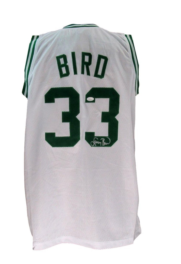 Larry Bird Autographed Celtics Jersey JSA Certified 182874: Larry Bird Autographed Celtics Jersey JSA Certified 182874 This original, pre-owned Larry Bird Hall of Fame autographed white custom basketball jersey features the Boston Celtics logo, perfect for any