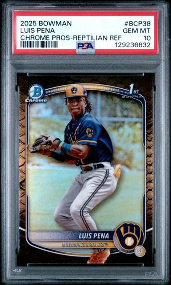 2025 Topps Bowman Luis Pena #BCP38 PSA 10 Reptilian Refractor Rookie Card: 2025 Topps Bowman Luis Pena #BCP38 PSA 10 Reptilian Refractor Rookie Card This is a graded 2025 Topps Bowman Luis Pena #BCP38 Chrome Prospects Reptilian Refractor Rookie Baseball Card, achieving a PSA