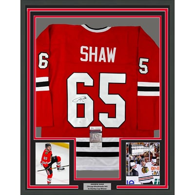 Andrew Shaw framed autographed Chicago hockey jersey JSA COA 35x39: Andrew Shaw framed autographed Chicago hockey jersey JSA COA 35x39 This framed Chicago Red hockey jersey is autographed by Andrew Shaw and comes with a JSA Certificate of Authenticity. The display inc