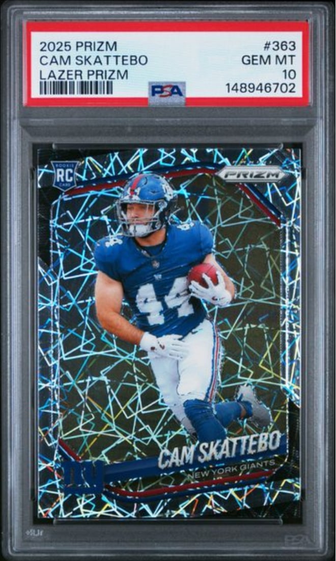 PSA 10 Cam Skattebo 2025 Prizm Lazer Rookie Card #363: PSA 10 Cam Skattebo 2025 Prizm Lazer Rookie Card #363 This is an original 2025 Panini Prizm Cam Skattebo #363 Lazer Prizm Rookie RC card, professionally graded by PSA with a grade of 10 Gem Mint. The 