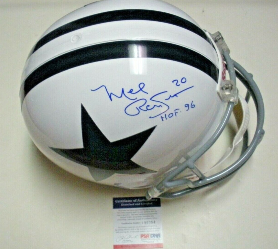 Signed Mel Renfro Dallas Cowboys Full Size Replica Helmet With PSA DNA COA: Signed Mel Renfro Dallas Cowboys Full Size Replica Helmet With PSA DNA COA This is a full-size replica Dallas Cowboys helmet signed by Mel Renfro, a Hall of Fame inductee in 1996. The helmet is accomp