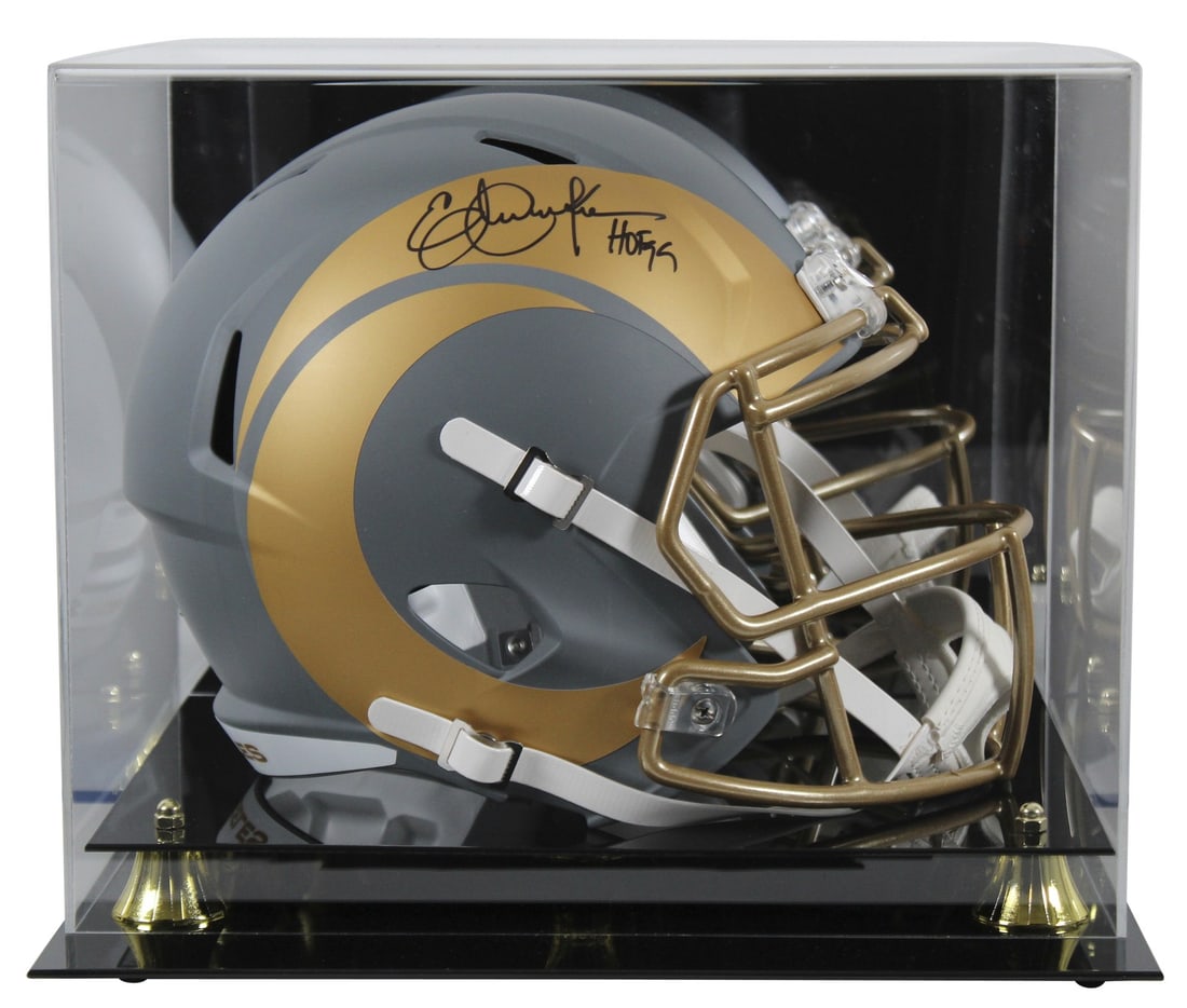 Eric Dickerson Signed Rams Slate Speed Replica Helmet With HOF 99 Inscription BAS Case: Eric Dickerson Signed Rams Slate Speed Replica Helmet With HOF 99 Inscription BAS Case This Los Angeles Rams full-size Riddell Speed Replica helmet features an alternate slate finish and has been pers