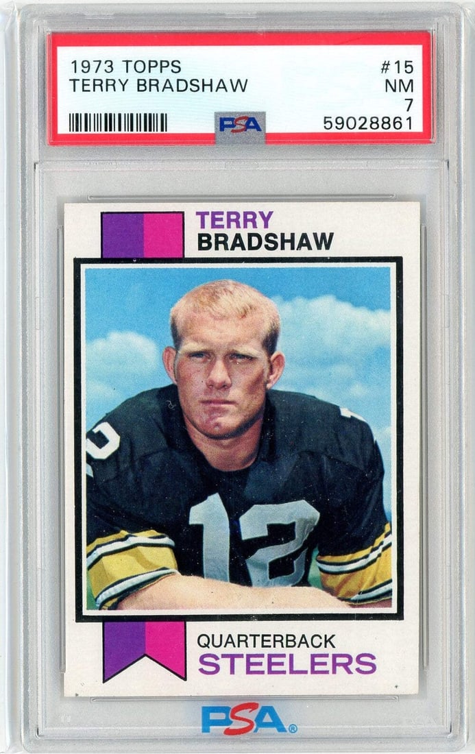 1973 Topps Terry Bradshaw #15 Football Card Graded PSA 7: 1973 Topps Terry Bradshaw #15 Football Card Graded PSA 7 This graded 1973 Topps Terry Bradshaw #15 football card is a must-have for collectors. Authenticated by the Professional Sports Authenticator (
