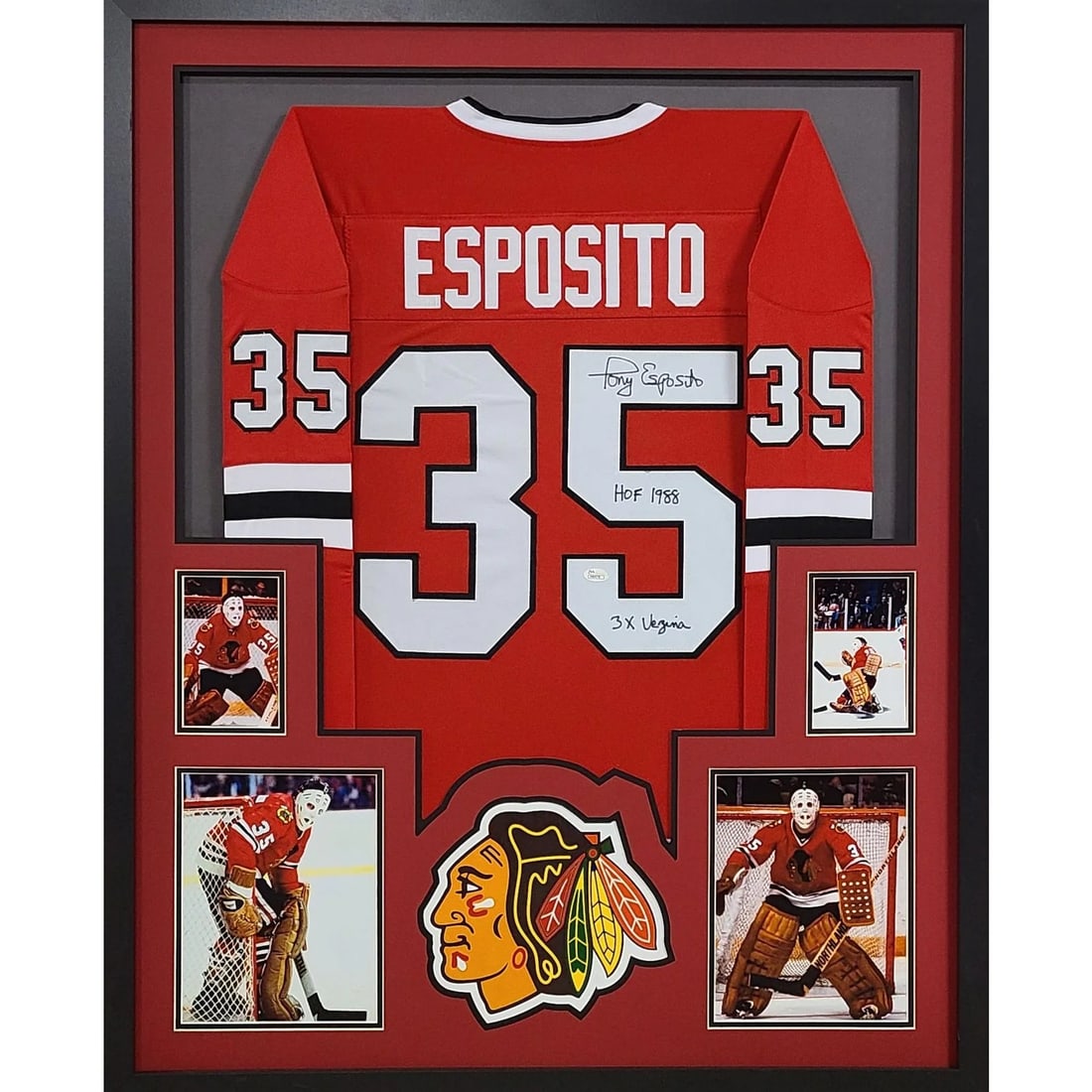 Framed Chicago Blackhawks Jersey Signed by Tony Esposito with JSA Authentication: Framed Chicago Blackhawks Jersey Signed by Tony Esposito with JSA Authentication This framed Chicago Blackhawks jersey is autographed by Tony Esposito and authenticated by JSA, featuring a tamper-proo