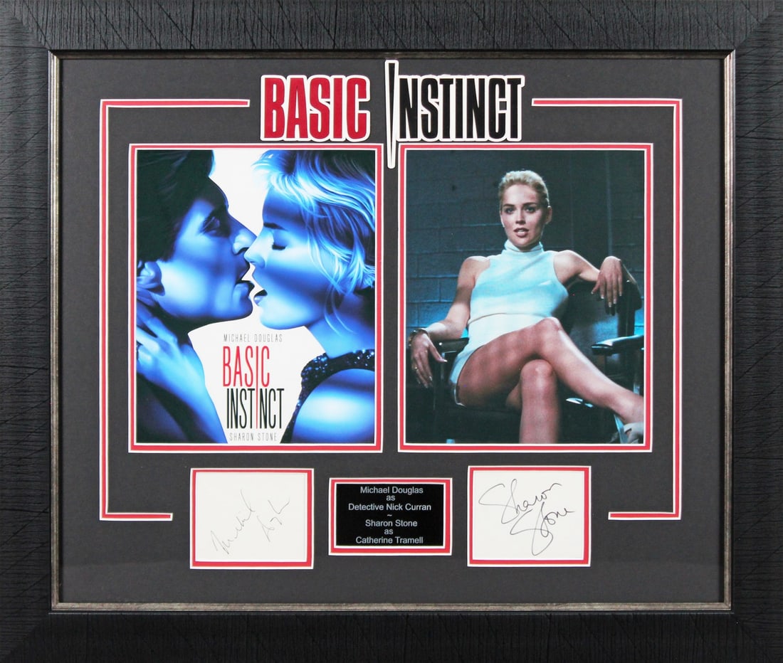 Framed Photo Signed by Michael Douglas and Sharon Stone Beckett Authenticated: Framed Photo Signed by Michael Douglas and Sharon Stone Beckett Authenticated This framed display features an original photograph personally signed by Michael Douglas and Sharon Stone from the film Ba