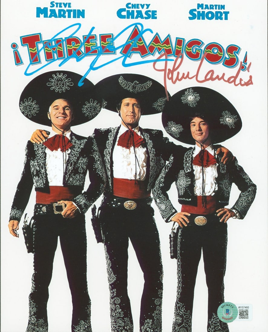 Chevy Chase John Landis Signed 8x10 Photo Three Amigos BAS Authenticated: Chevy Chase John Landis Signed 8x10 Photo Three Amigos BAS Authenticated This authentic 8x10 photograph features the signatures of Chevy Chase and John Landis from the beloved film 'Three Amigos!'. Th