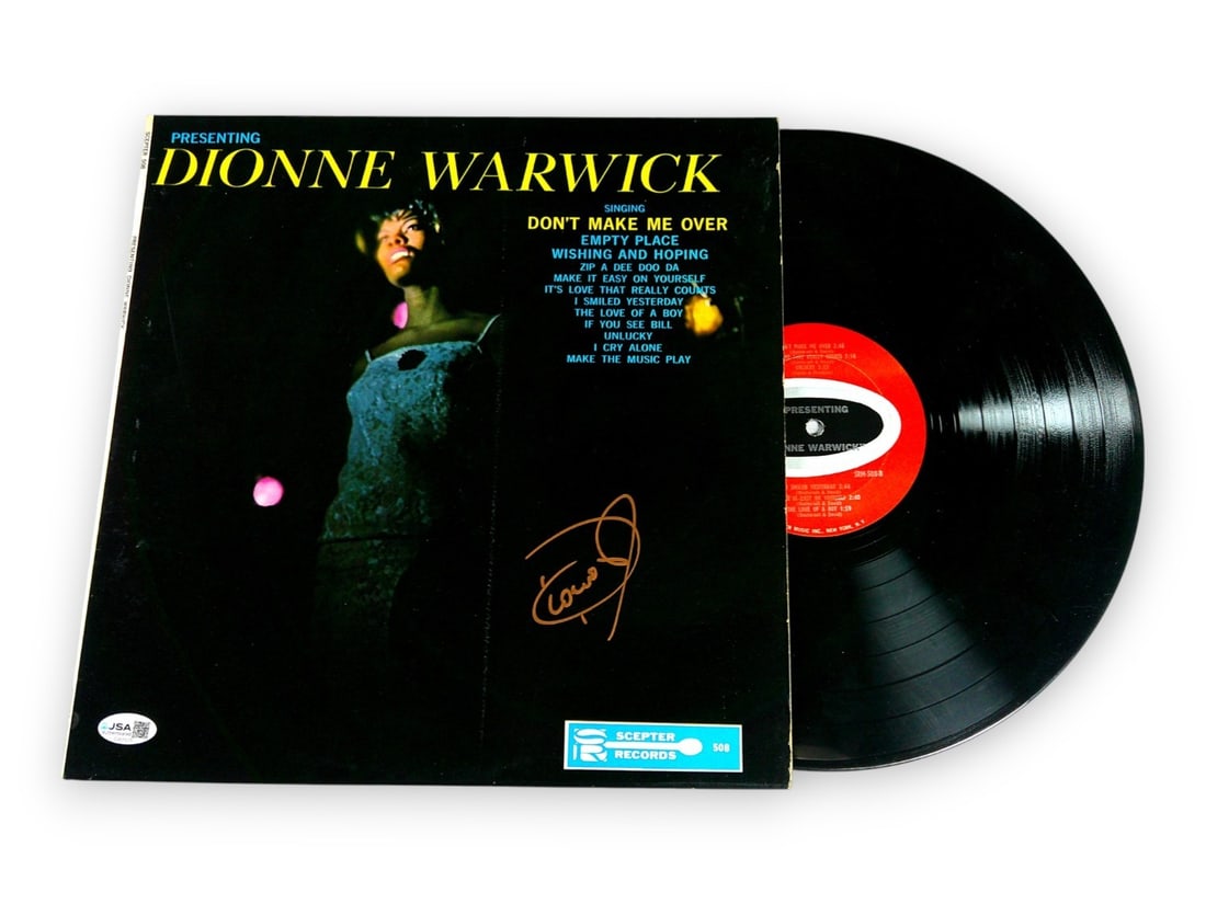 Record Album Cover Hand Signed by Dionne Warwick with JSA Authentication: Record Album Cover Hand Signed by Dionne Warwick with JSA Authentication This is an original record album cover autographed by Dionne Warwick. The autograph has been authenticated by James Spence Auth