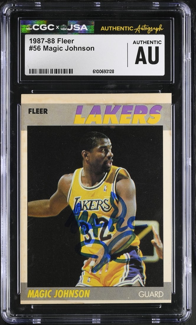 1987-88 Fleer Basketball Card #56 Magic Johnson Signed CGC and JSA Authenticated: 1987-88 Fleer Basketball Card #56 Magic Johnson Signed CGC and JSA Authenticated This is an original 1987-88 Fleer basketball trading card featuring Magic Johnson. The card is #56 in the series and ha
