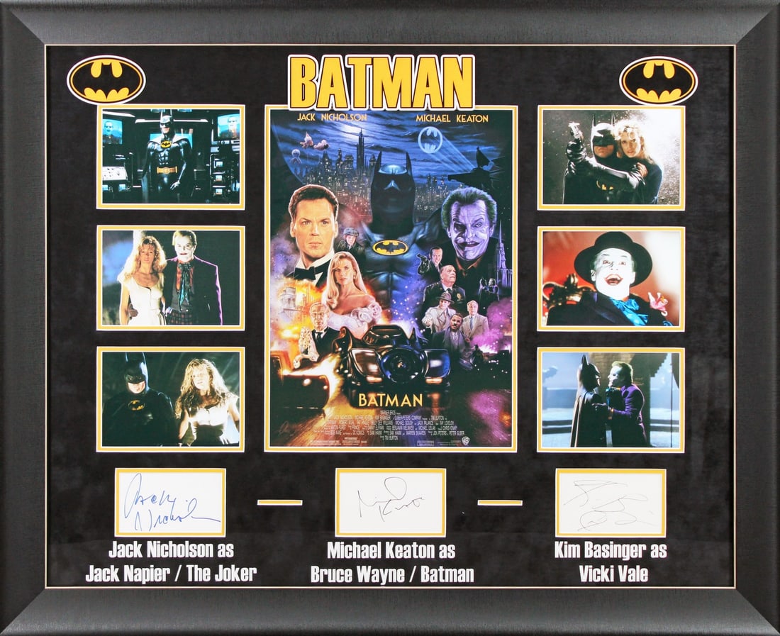 Batman Signed Framed Display by Nicholson Keaton Basinger Beckett COA: Batman Signed Framed Display by Nicholson Keaton Basinger Beckett COA This impressive framed display features an authentic photograph personally signed by iconic actors Jack Nicholson, Michael Keaton,