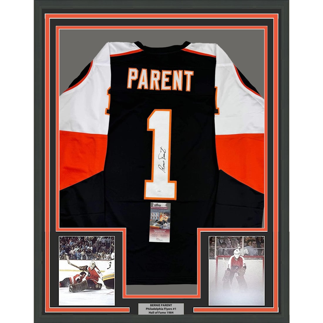 Framed Bernie Parent Signed Black Jersey 35x39 Philadelphia Flyers JSA COA: Framed Bernie Parent Signed Black Jersey 35x39 Philadelphia Flyers JSA COA This professionally framed and matted black jersey features a bold autograph from hockey legend Bernie Parent, a prominent pl
