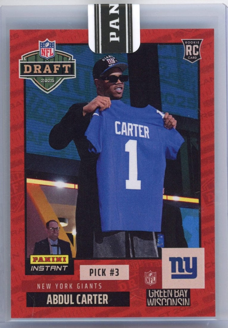 2025 Panini Instant NFL Abdul Carter Draft Night Red /10 Graded Card: 2025 Panini Instant NFL Abdul Carter Draft Night Red /10 Graded Card This is a 2025 Panini Instant NFL Abdul Carter #DN3 Draft Night Red /10 RC Football Card, featuring the talented athlete Abdul Cart