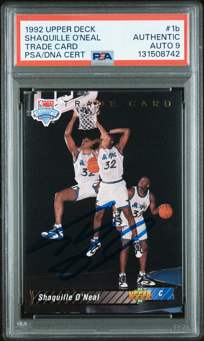 PSA 9 Shaquille O'Neal 1992-93 Upper Deck Rookie Card Auto #1b: PSA 9 Shaquille O'Neal 1992-93 Upper Deck Rookie Card Auto #1b This is a 1992-93 Upper Deck Shaquille O'Neal #1b Rookie RC Card, graded 9 by Professional Sports Authenticator (PSA). The card features 