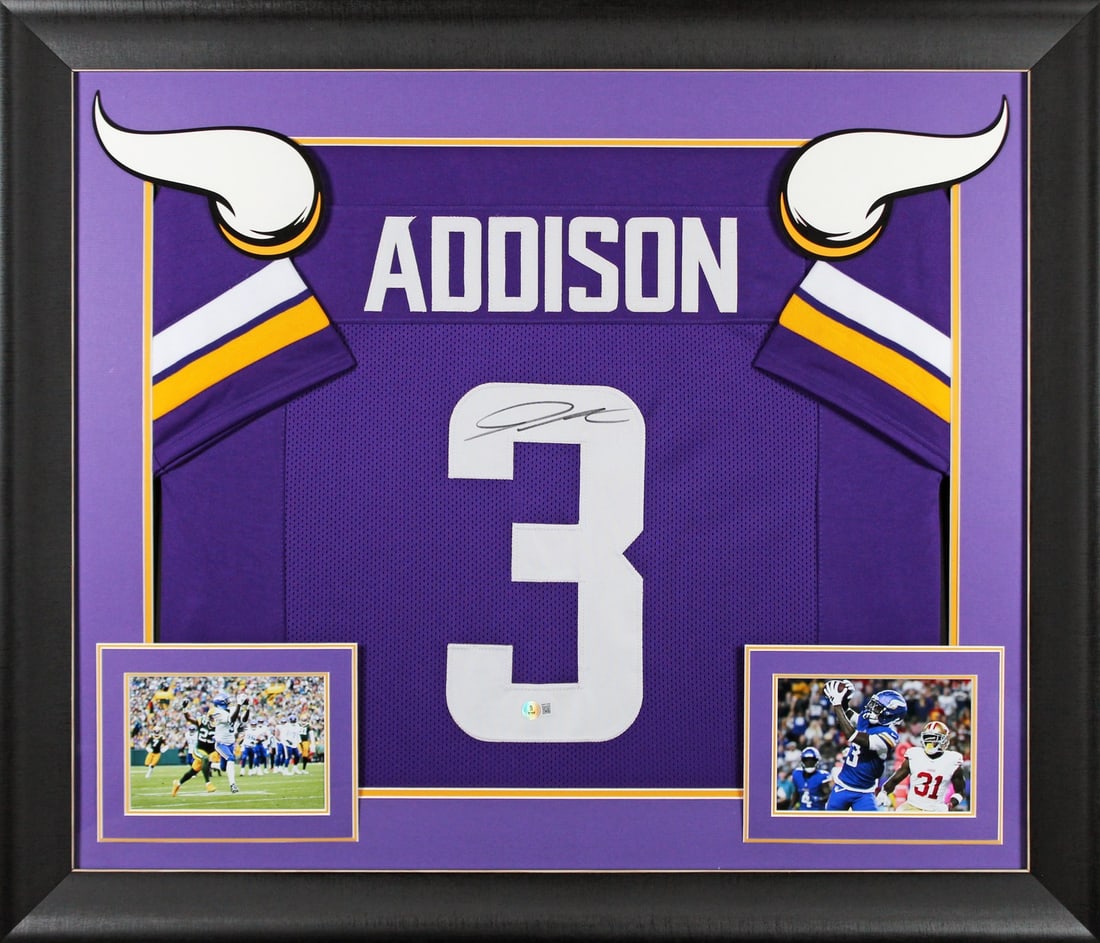 Jordan Addison Signed Purple Pro Style Jersey Framed BAS Witnessed Minnesota Vikings: Jordan Addison Signed Purple Pro Style Jersey Framed BAS Witnessed Minnesota Vikings This authentic purple pro style framed jersey has been personally signed by Jordan Addison of the Minnesota Vikings