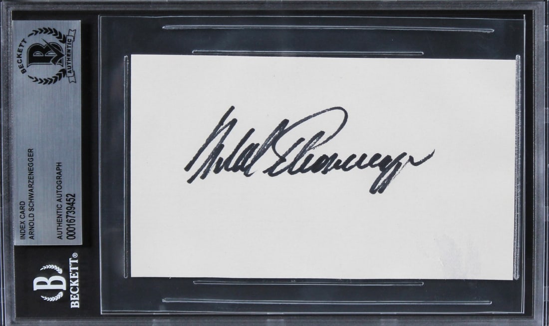 Arnold Schwarzenegger Signed Terminator 3x5 Index Card Beckett Authenticated: Arnold Schwarzenegger Signed Terminator 3x5 Index Card Beckett Authenticated This authentic 3x5 index card is personally signed by Arnold Schwarzenegger, renowned for his iconic role in "Terminator." 