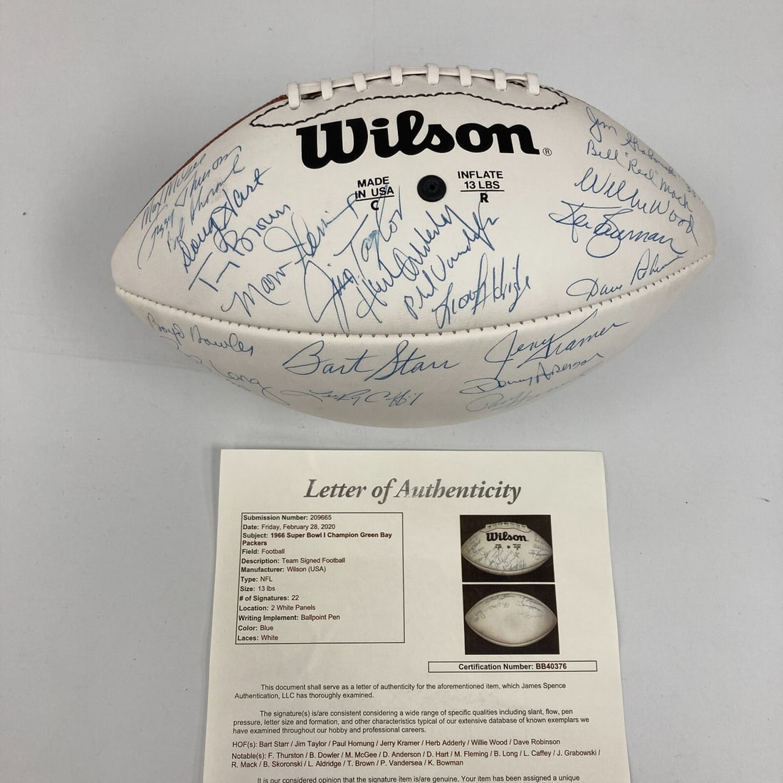 1966 Green Bay Packers Team Signed Football with JSA COA: 1966 Green Bay Packers Team Signed Football with JSA COA Celebrate the legacy of the Green Bay Packers with this commemorative team-signed football from Super Bowl I. Signed by 22 members of the iconi