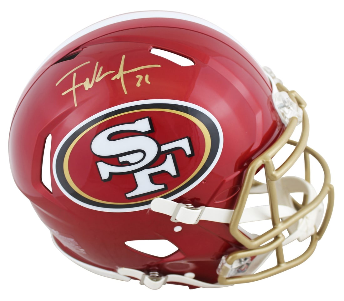 Frank Gore Signed San Francisco 49ers Flash Full Size Helmet Beckett Authenticated: Frank Gore Signed San Francisco 49ers Flash Full Size Helmet Beckett Authenticated This authentic full-size speed Proline helmet features a striking alternate Flash design, personally signed by Frank 