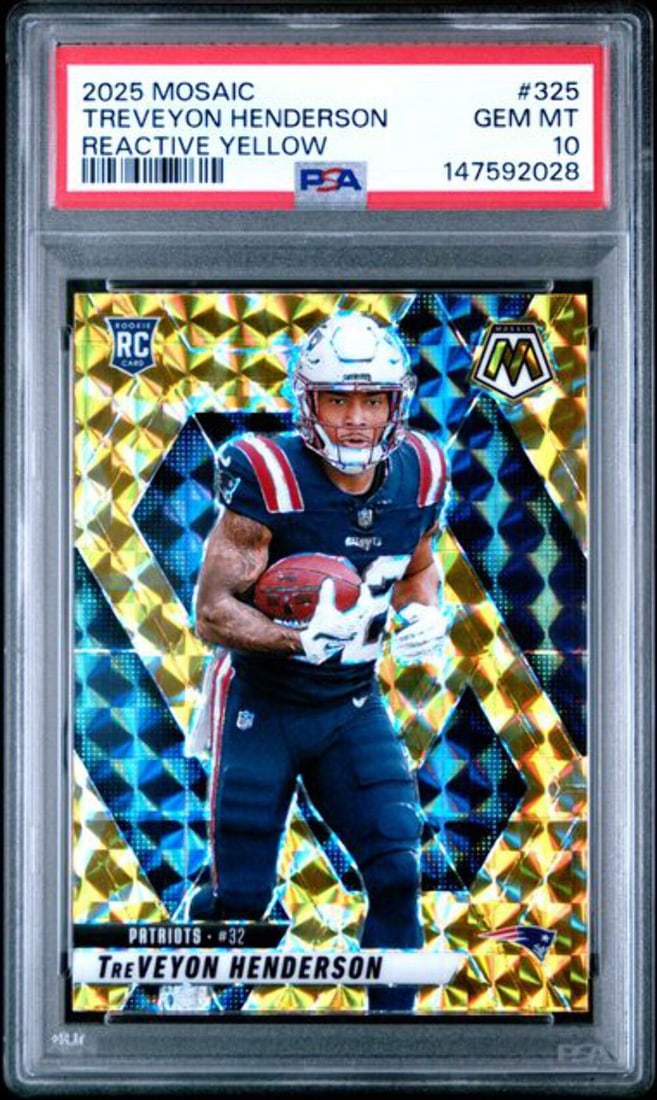 PSA 10 TreVeyon Henderson 2025 Mosaic Reactive Yellow Rookie Card #325: PSA 10 TreVeyon Henderson 2025 Mosaic Reactive Yellow Rookie Card #325 This is a 2025 Mosaic TreVeyon Henderson #325 Reactive Yellow rookie card, professionally graded PSA 10. The card is encapsulated