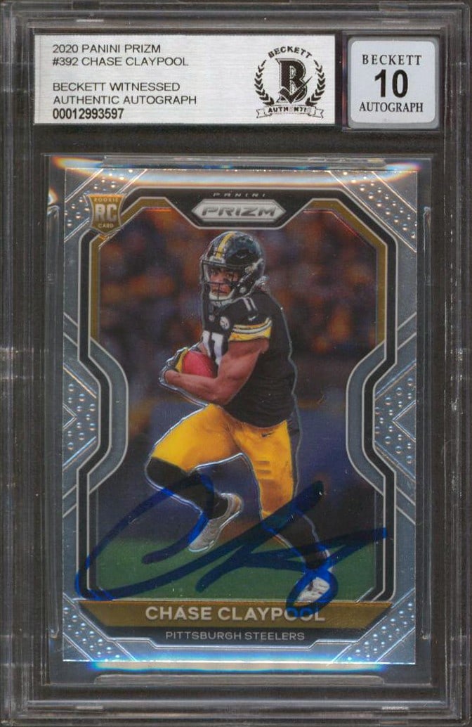 Chase Claypool Signed 2020 Panini Prizm RC #392 Gem Mint 10 BAS Slabbed: Chase Claypool Signed 2020 Panini Prizm RC #392 Gem Mint 10 BAS Slabbed This is a 2020 Panini Prizm #392 Rookie Card featuring Chase Claypool, personally signed by the Pittsburgh Steelers player. The 