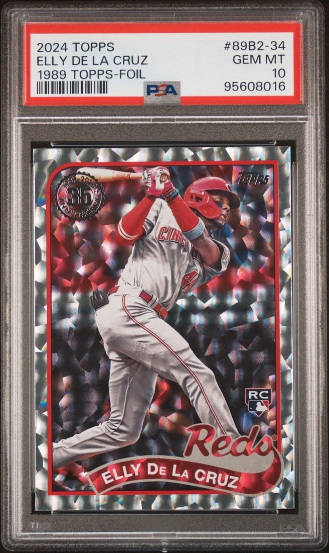 2024 Topps Elly De La Cruz #89B2-34 PSA 10 Foil RC Baseball Card: 2024 Topps Elly De La Cruz #89B2-34 PSA 10 Foil RC Baseball Card This is a graded 2024 Topps Elly De La Cruz #89B2-34 1989 Foil Rookie Card, rated a perfect PSA 10 by Professional Sports Authenticator