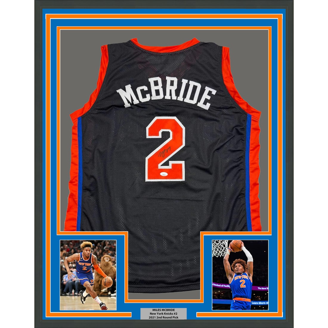 Framed Signed Miles McBride New York Knicks Jersey with JSA COA: Framed Signed Miles McBride New York Knicks Jersey with JSA COA Celebrate your love for the NBA with this professionally framed and matted autographed jersey of Miles McBride. This stunning black jers