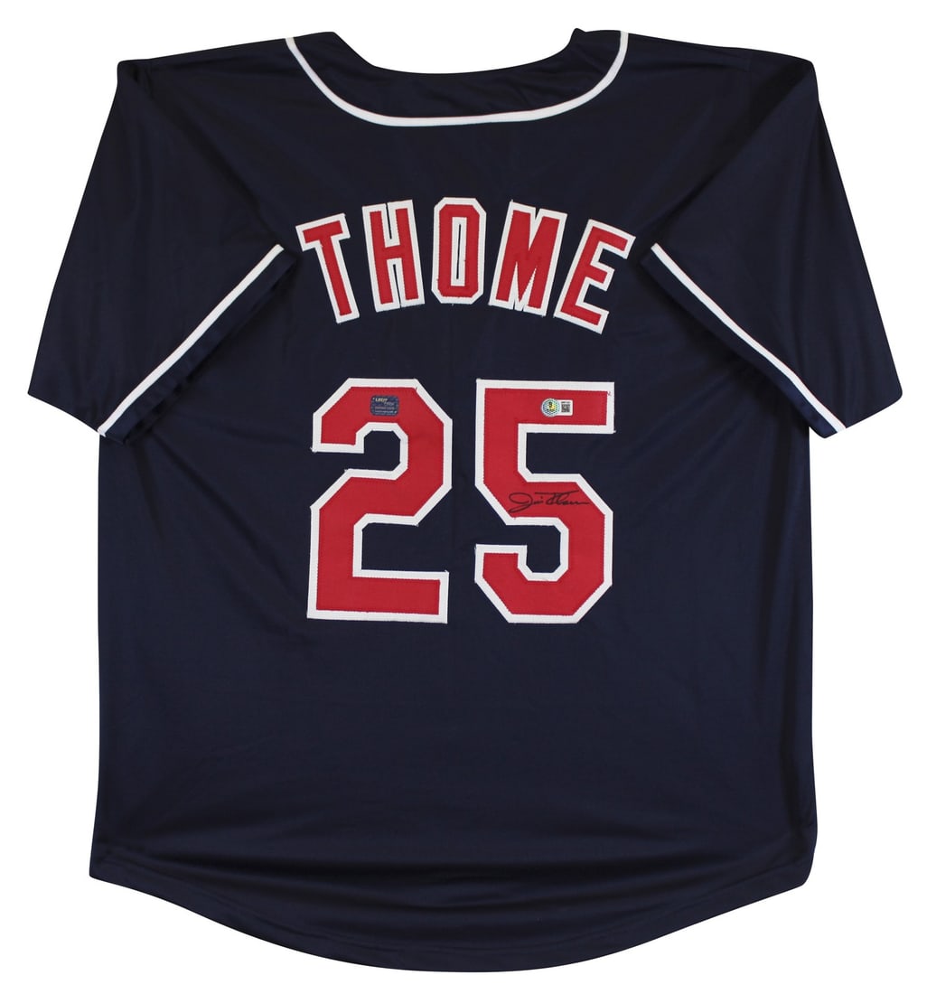Jim Thome Signed Cleveland Indians Pro Style Jersey BAS Authenticated: Jim Thome Signed Cleveland Indians Pro Style Jersey BAS Authenticated This authentic navy blue pro style jersey has been personally signed by Jim Thome, the legendary player from the Cleveland Indians