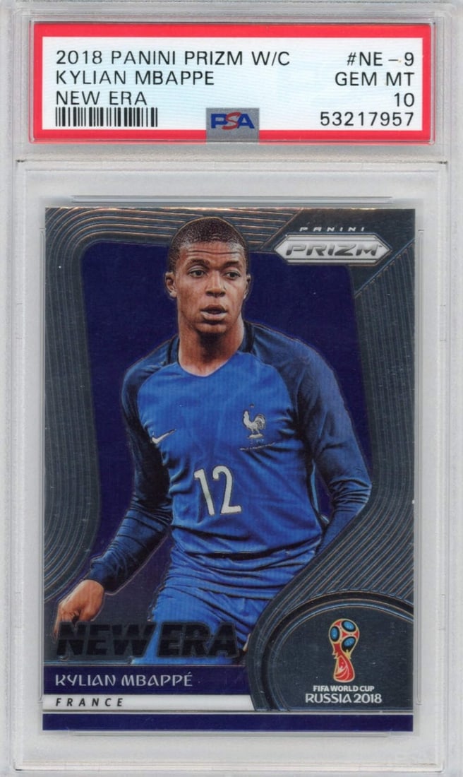 2018 Panini Prizm Kylian Mbappe Rookie Card PSA 10 World Cup: 2018 Panini Prizm Kylian Mbappe Rookie Card PSA 10 World Cup This graded 2018 Panini Prizm Kylian Mbappe #NE-9 New Era Rookie Soccer Card is a must-have for collectors. Featuring a perfect PSA grade o