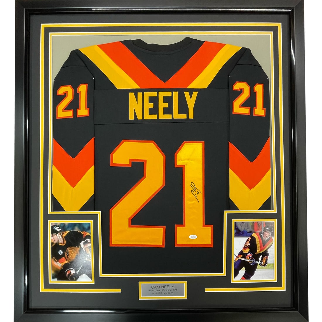 Framed Autographed Cam Neely Vancouver Canucks Hockey Jersey JSA COA 33x42: Framed Autographed Cam Neely Vancouver Canucks Hockey Jersey JSA COA 33x42 This framed and autographed Cam Neely Vancouver Canucks hockey jersey is a must-have for any hockey fan. The jersey is profes