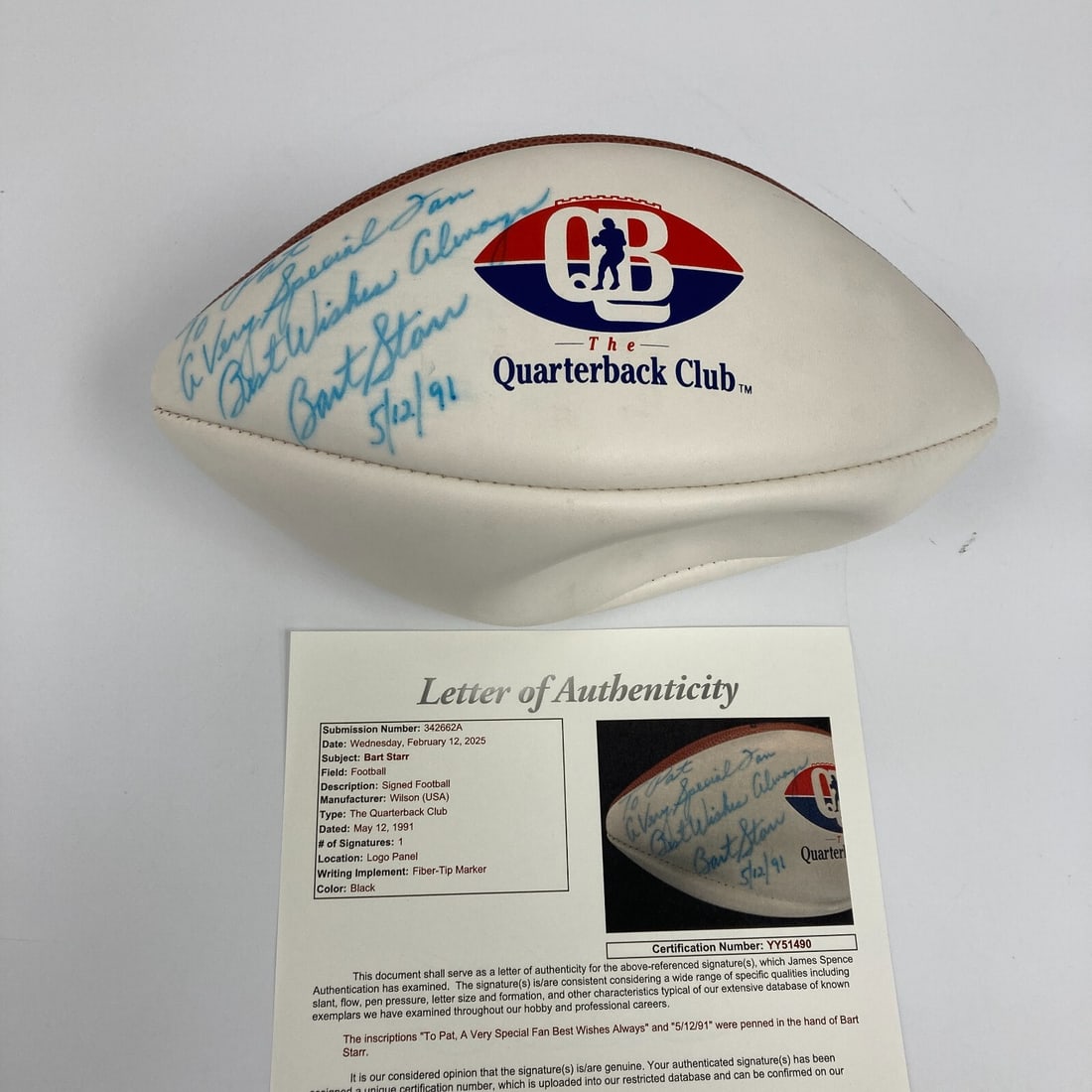 Bart Starr Signed Green Bay Packers Football with JSA COA: Bart Starr Signed Green Bay Packers Football with JSA COA This is an original Bart Starr signed The Quarterback Club football, featuring the legendary Green Bay Packers quarterback's autograph. The fo