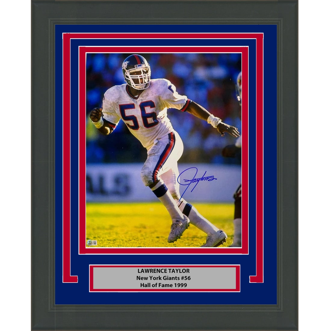 Framed Lawrence Taylor Autographed 16x20 Photo New York Giants Beckett COA: Framed Lawrence Taylor Autographed 16x20 Photo New York Giants Beckett COA This professionally framed and matted 16x20 photo of Lawrence Taylor, the legendary New York Giants linebacker, is a must-hav