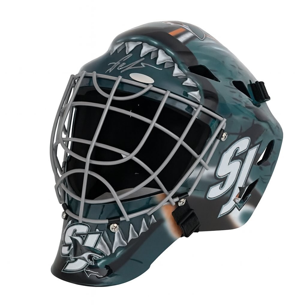 Replica Goalie Mask Signed by Yaroslov Askarov San Jose Sharks UDA Authenticated: Replica Goalie Mask Signed by Yaroslov Askarov San Jose Sharks UDA Authenticated This pre-owned replica goalie mask is signed by Yaroslov Askarov of the San Jose Sharks. The autograph is authenticated