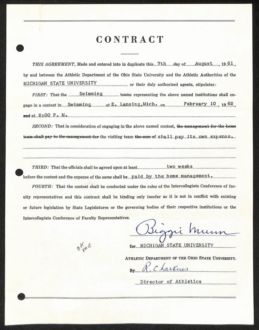 Autographed Contract by Biggie Munn Hall of Famer JSA Authenticated: Autographed Contract by Biggie Munn Hall of Famer JSA Authenticated This is an original contract signed by Clarence Lester "Biggie" Munn, the Hall of Fame head football coach best known for his tenure