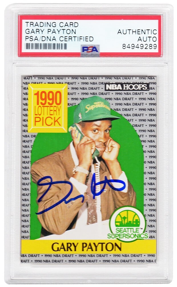 Gary Payton Signed 1990 NBA Hoops Rookie Card #391 PSA/DNA: Gary Payton Signed 1990 NBA Hoops Rookie Card #391 PSA/DNA This is a signed Gary Payton 1990 NBA Hoops rookie card #391 from his time with the Seattle Supersonics. The card features the autographed si