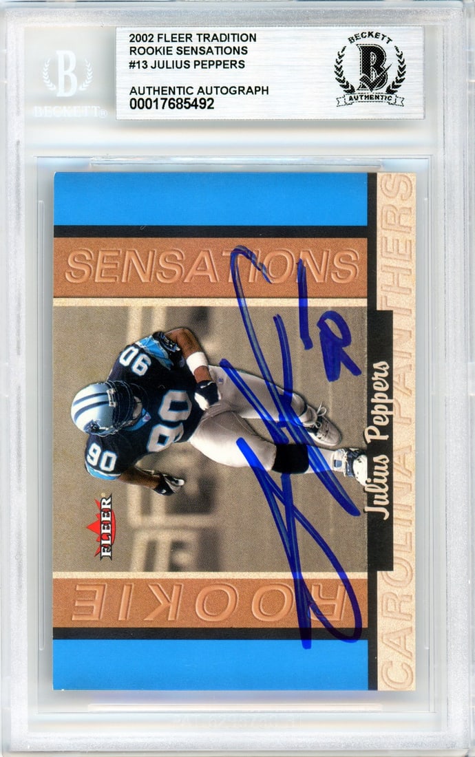 Julius Peppers 2002 Rookie Sensations Autographed Panthers Card Serial 1250 BGS: Julius Peppers 2002 Rookie Sensations Autographed Panthers Card Serial 1250 BGS This is a 2002 Fleer Tradition Rookie Sensations #13 Julius Peppers football trading card, featuring the Carolina Panthe