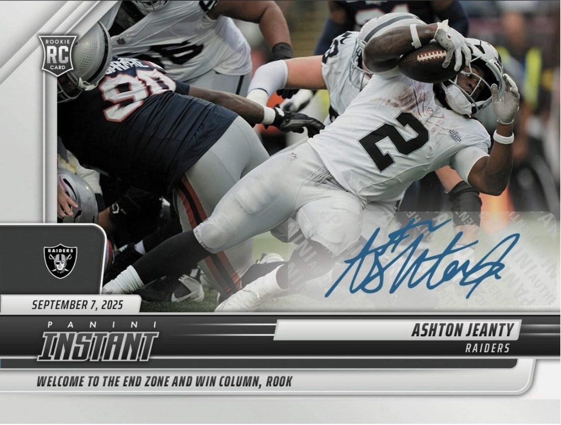 2025 Panini Instant NFL Ashton Jeanty #55 Autographed Rookie Card /99: 2025 Panini Instant NFL Ashton Jeanty #55 Autographed Rookie Card /99 This is a 2025 Panini Instant NFL Ashton Jeanty #55 autographed rookie card, limited to just 99 copies. The card features the sign
