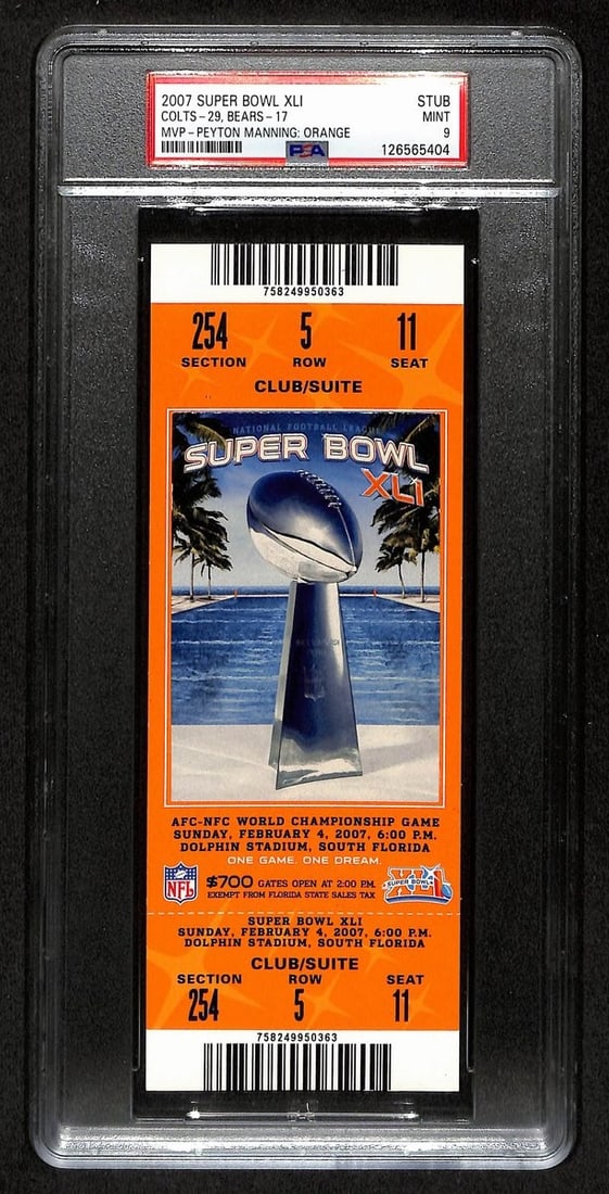 2007 Super Bowl XLII Full Ticket Colts vs Bears PSA MINT 9: 2007 Super Bowl XLII Full Ticket Colts vs Bears PSA MINT 9 Offered is an original 2007 Super Bowl XLII (41) full ticket from the thrilling matchup between the Indianapolis Colts and the Chicago Bears,