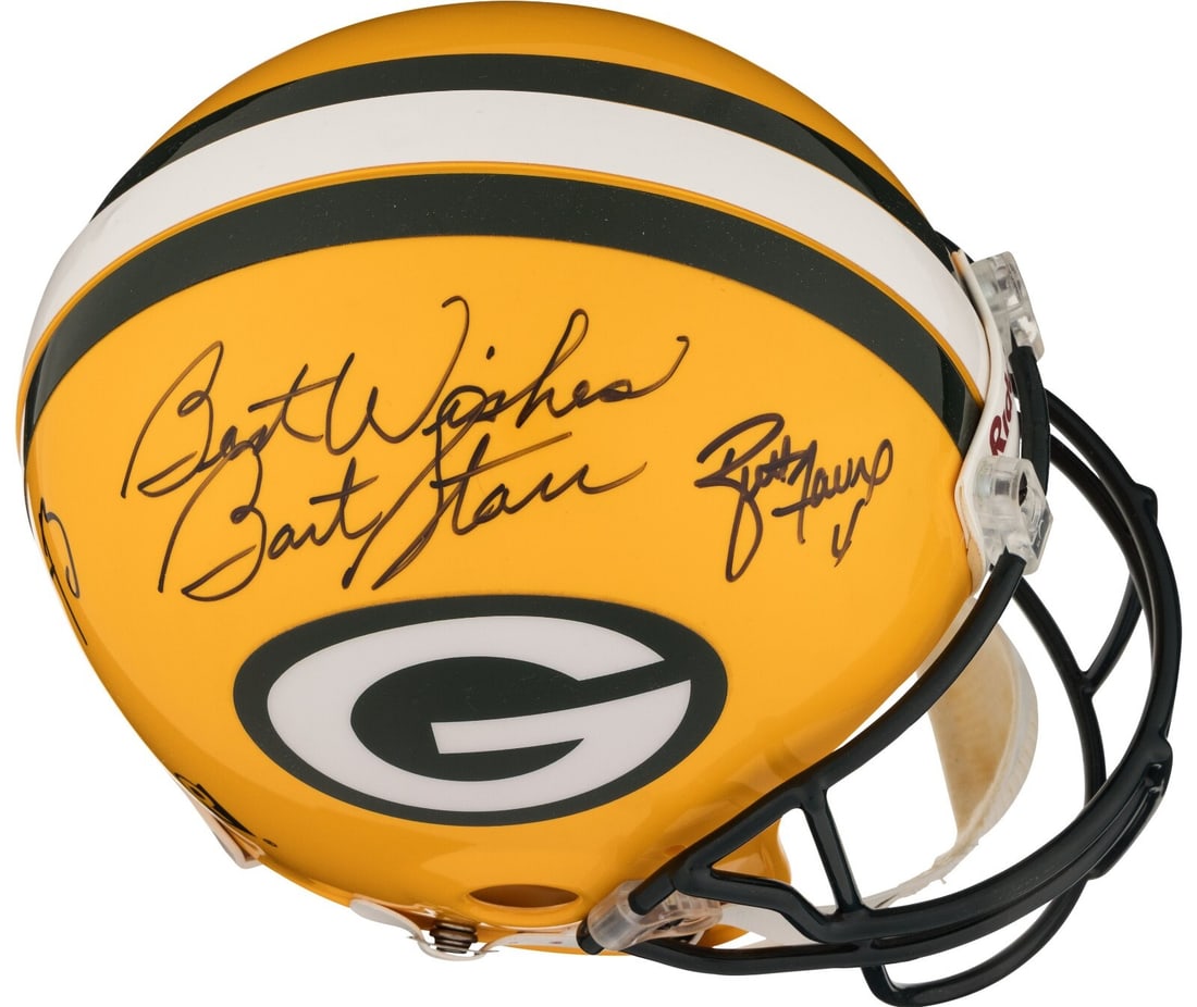 Bart Starr Brett Favre Aaron Rodgers Signed Packers Helmet Beckett Certified: Bart Starr Brett Favre Aaron Rodgers Signed Packers Helmet Beckett Certified This authentic Riddell Green Bay Packers game model helmet features the signatures of three legendary quarterbacks: Bart St